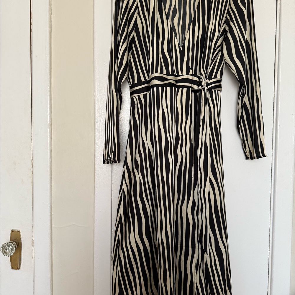 Mango Black and White Striped Wrap Dress